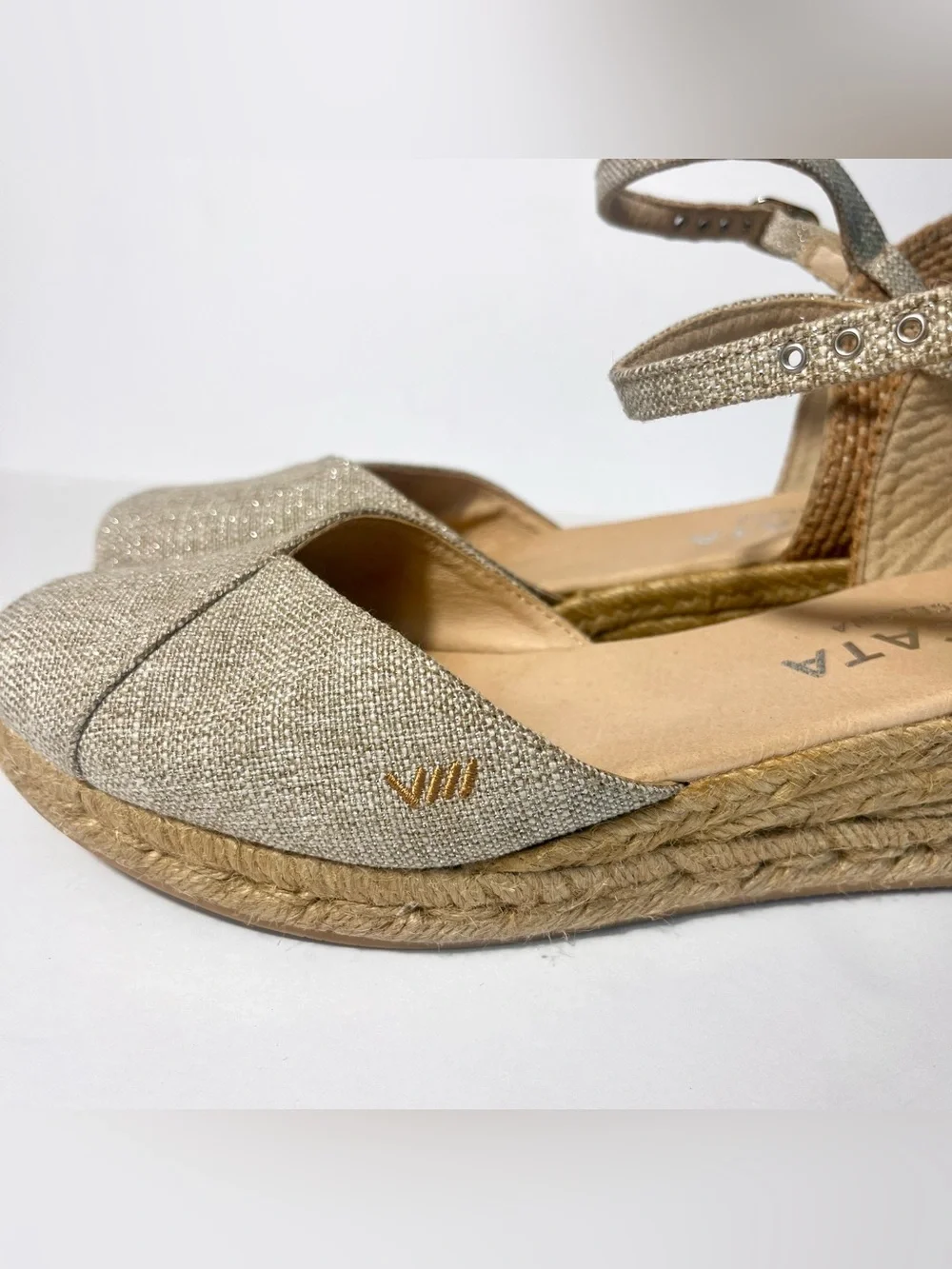 Viscata Pubol Canvas Espadrille Wedge Sandals 40 9 Leather Metallic Ankle Strap